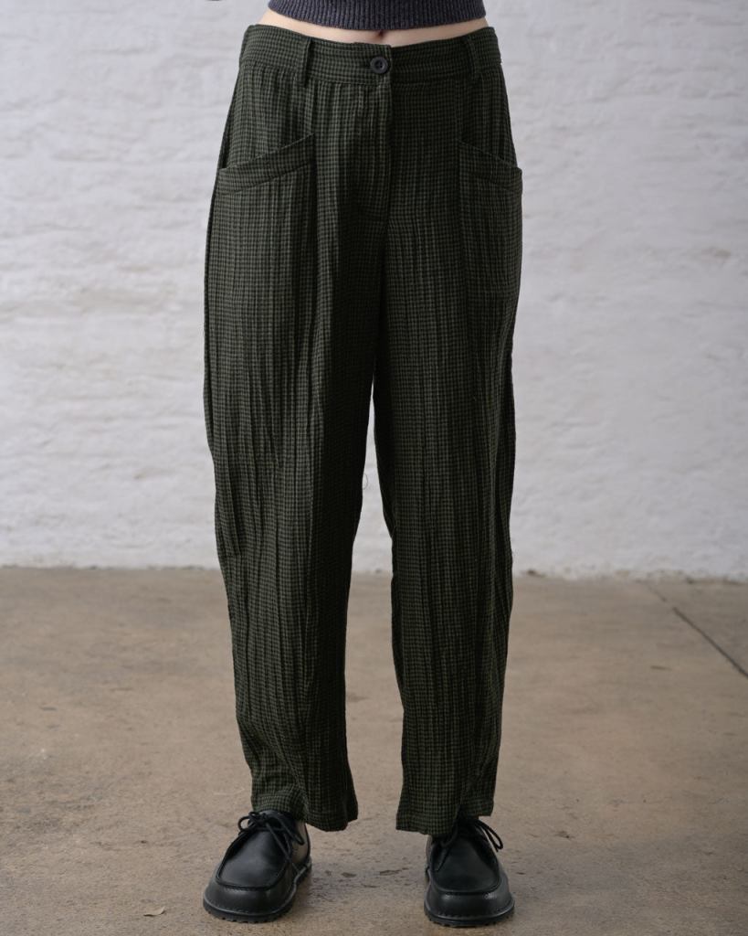 Bibico Lorren Barrel Leg Trousers - Double Gauze Check Green