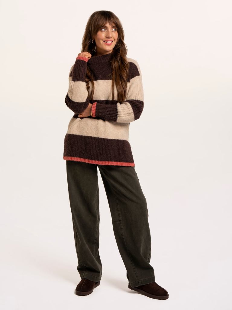 Brakeburn Eira Stripe Crew Neck Knitted Jumper - Burgundy